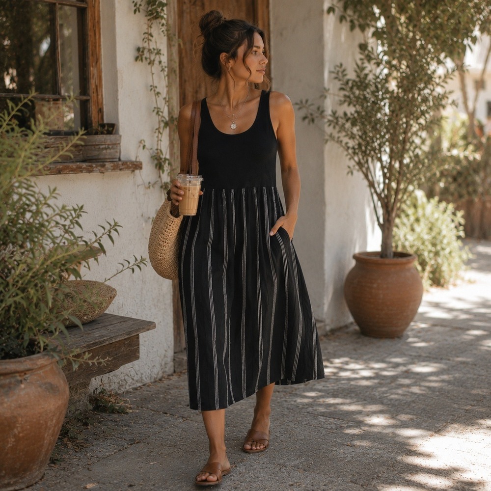 Lou & Grey Black Striped Mixed Media Maxi Dress with Pockets XS
